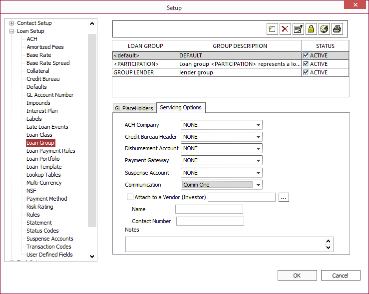 Loan Group setup Servicing Options tab.