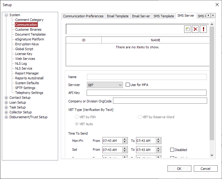 SMS Server tab in Communication setup.