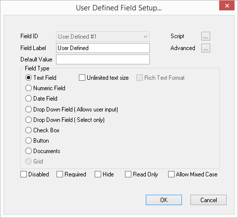 User Defined Field Setup